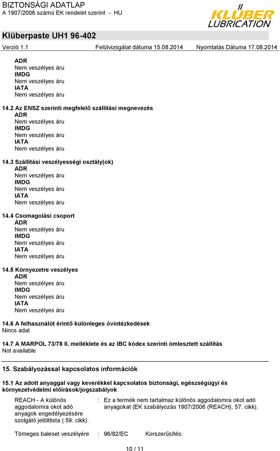 Szabályozással kapcsolatos információk 15.