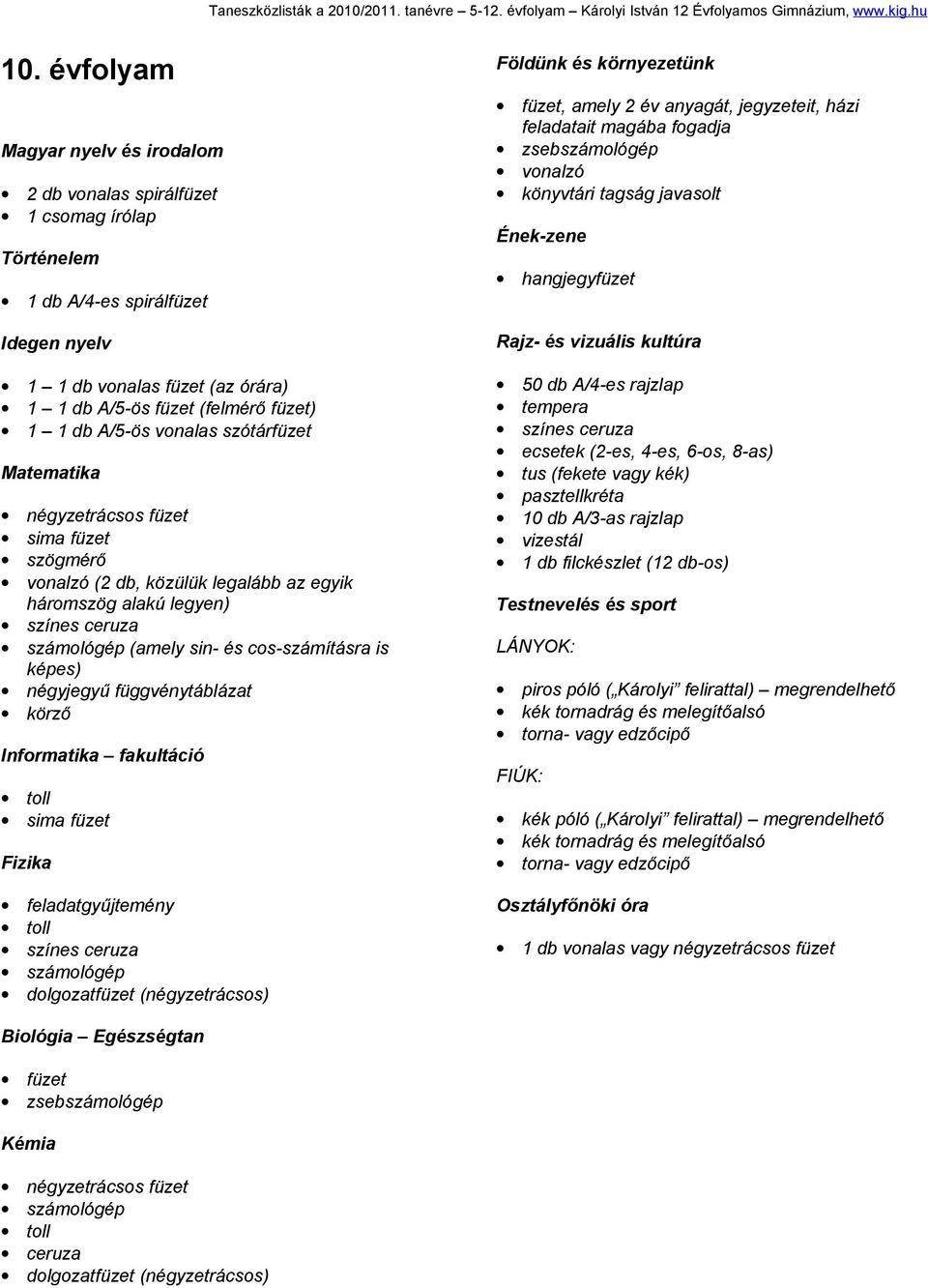 környezetünk, amely 2 év anyagát, jegyzeteit, házi feladatait magába fogadja könyvtári tagság javasolt 50 db A/4-es rajzlap tempera ecsetek (2-es,