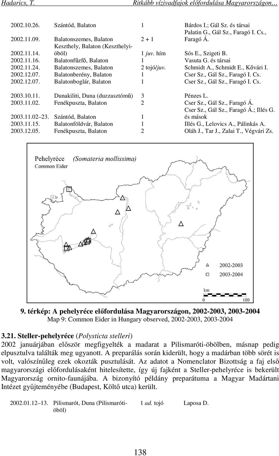 Balatonberény, Balaton 1 Cser Sz., Gál Sz., Faragó I. Cs. 2002.12.07. Balatonboglár, Balaton 1 Cser Sz., Gál Sz., Faragó I. Cs. 2003.10.11. Dunakiliti, Duna (duzzasztómű) 3 Pénzes L. 2003.11.02. Fenékpuszta, Balaton 2 Cser Sz.