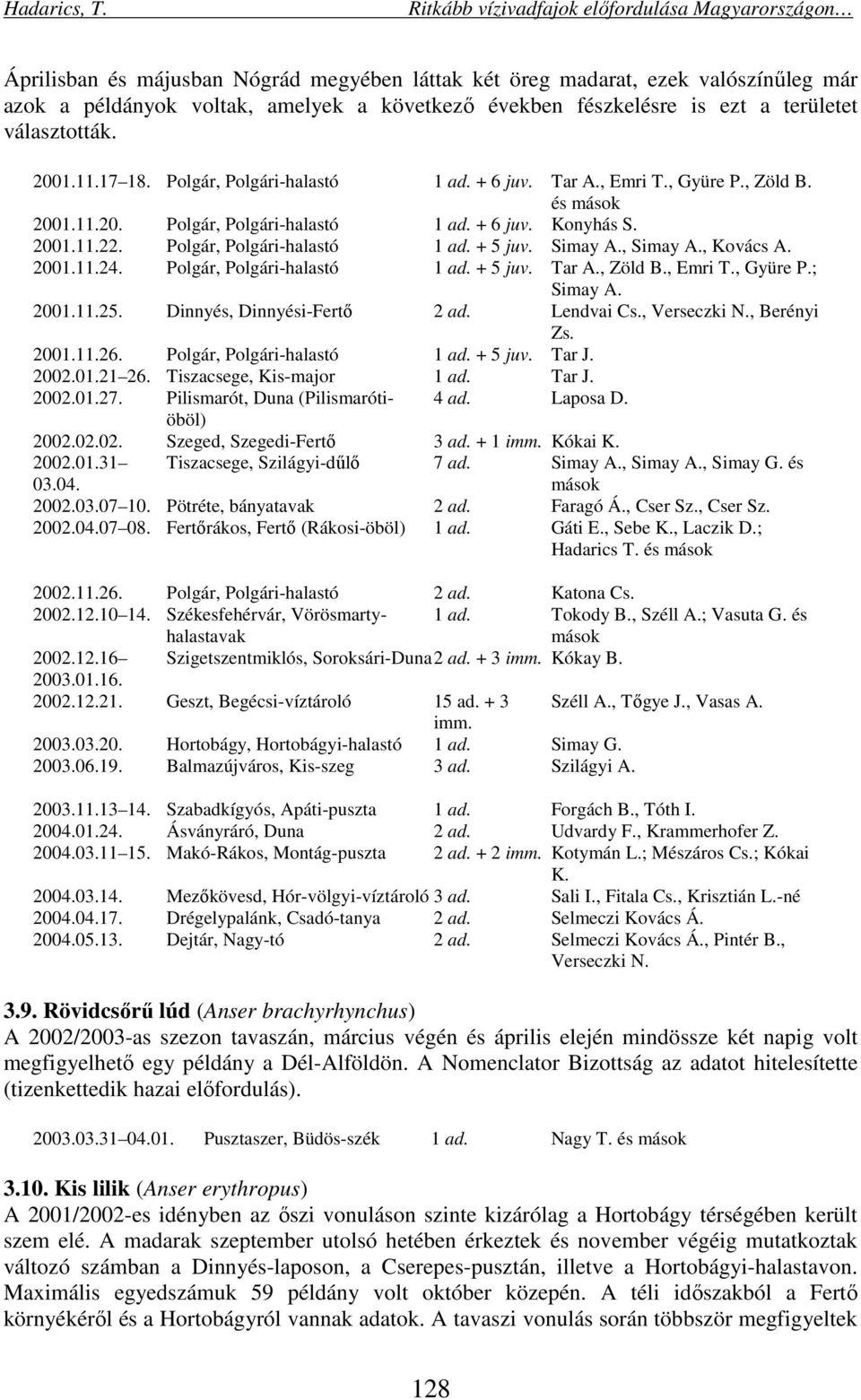 Simay A., Simay A., Kovács A. 2001.11.24. Polgár, Polgári-halastó 1 ad. + 5 juv. Tar A., Zöld B., Emri T., Gyüre P.; Simay A. 2001.11.25. Dinnyés, Dinnyési-Fertő 2 ad. Lendvai Cs., Verseczki N.
