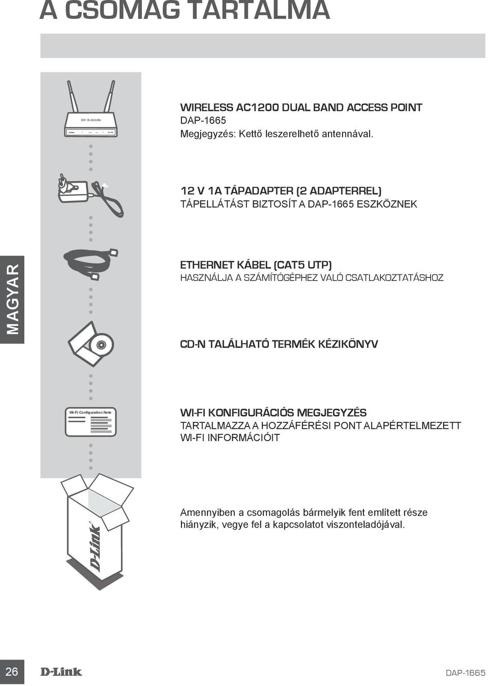 CSATLAKOZTATÁSHOZ CD-N TALÁLHATÓ TERMÉK KÉZIKÖNYV Wi-Fi Configuration Note WI-FI KONFIGURÁCIÓS MEGJEGYZÉS TARTALMAZZA A