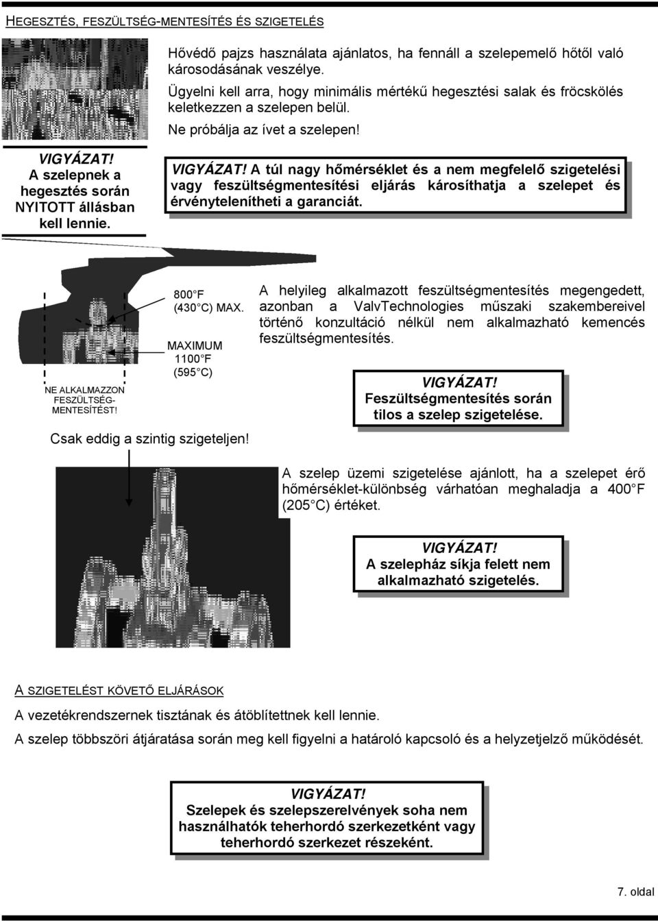 A szelepnek a hegesztés során NYITOTT állásban kell lennie. VIGYÁZAT!
