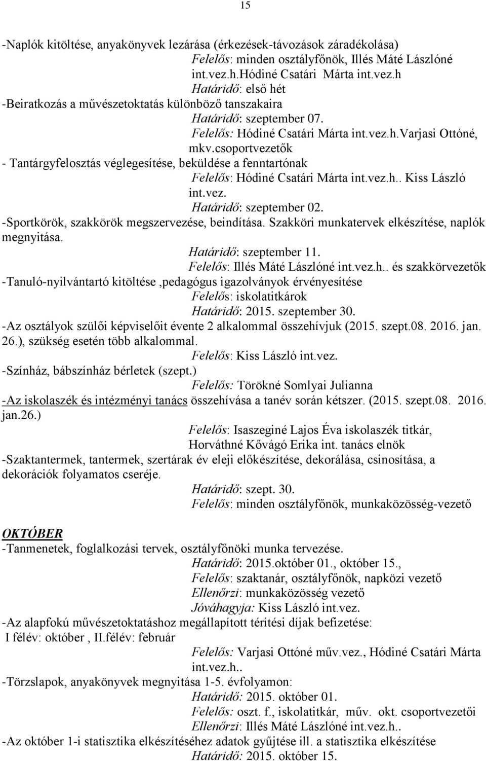 csoportvezetők - Tantárgyfelosztás véglegesítése, beküldése a fenntartónak Felelős: Hódiné Csatári Márta int.vez.h.. Kiss László int.vez. Határidő: szeptember 02.