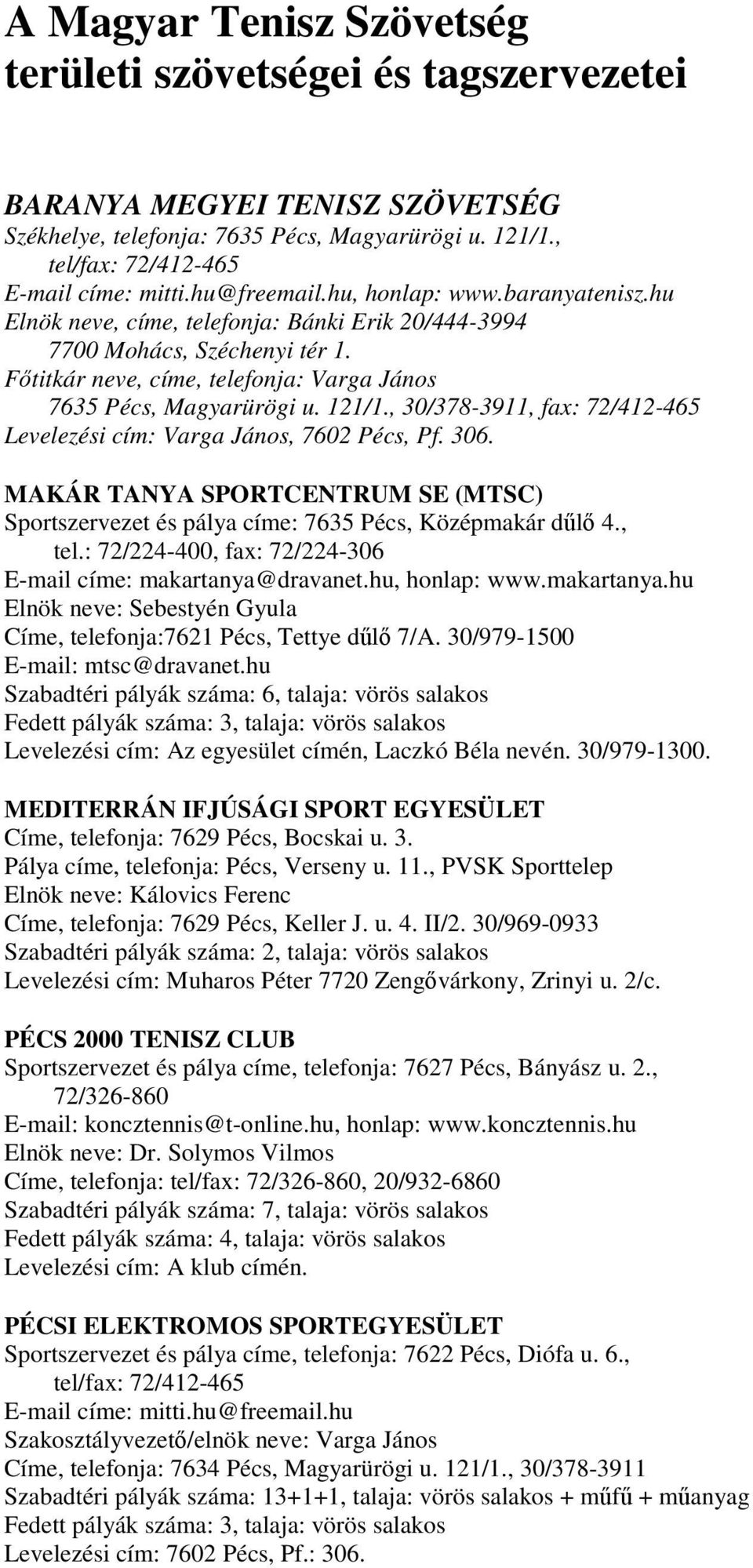 121/1., 30/378-3911, fax: 72/412-465 Levelezési cím: Varga János, 7602 Pécs, Pf. 306. MAKÁR TANYA SPORTCENTRUM SE (MTSC) Sportszervezet és pálya címe: 7635 Pécs, Középmakár dűlő 4., tel.