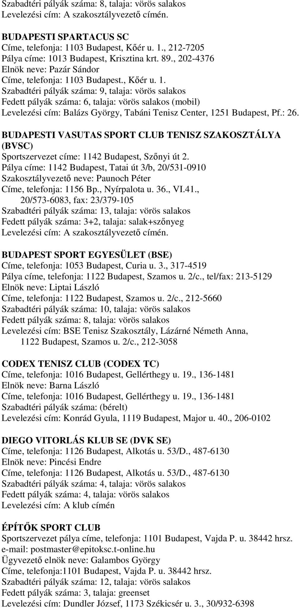 03 Budapest., Kőér u. 1. Szabadtéri pályák száma: 9, talaja: vörös salakos Fedett pályák száma: 6, talaja: vörös salakos (mobil) Levelezési cím: Balázs György, Tabáni Tenisz Center, 1251 Budapest, Pf.