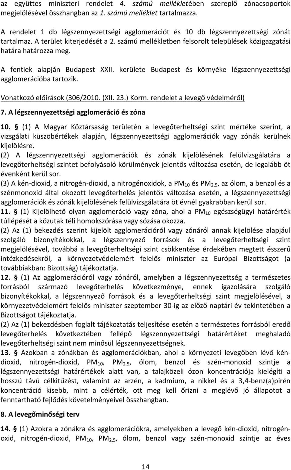 A fentiek alapján Budapest XXII. kerülete Budapest és környéke légszennyezettségi agglomerációba tartozik. Vonatkozó előírások (306/2010. (XII. 23.) Korm. rendelet a levegő védelméről) 7.