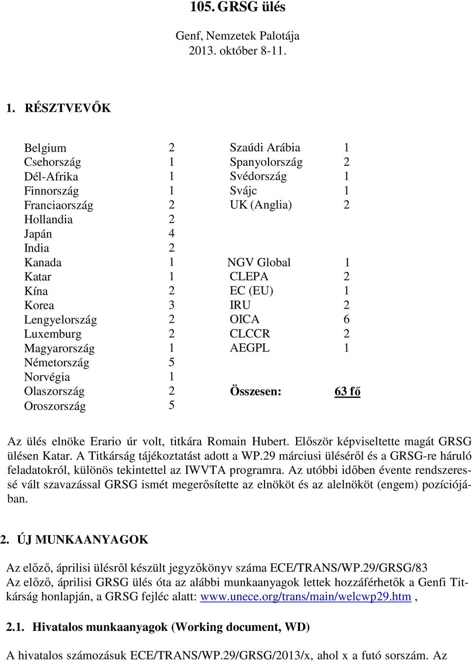 1 CLEPA 2 Kína 2 EC (EU) 1 Korea 3 IRU 2 Lengyelország 2 OICA 6 Luxemburg 2 CLCCR 2 Magyarország 1 AEGPL 1 Németország 5 Norvégia 1 Olaszország 2 Összesen: 63 fő Oroszország 5 Az ülés elnöke Erario