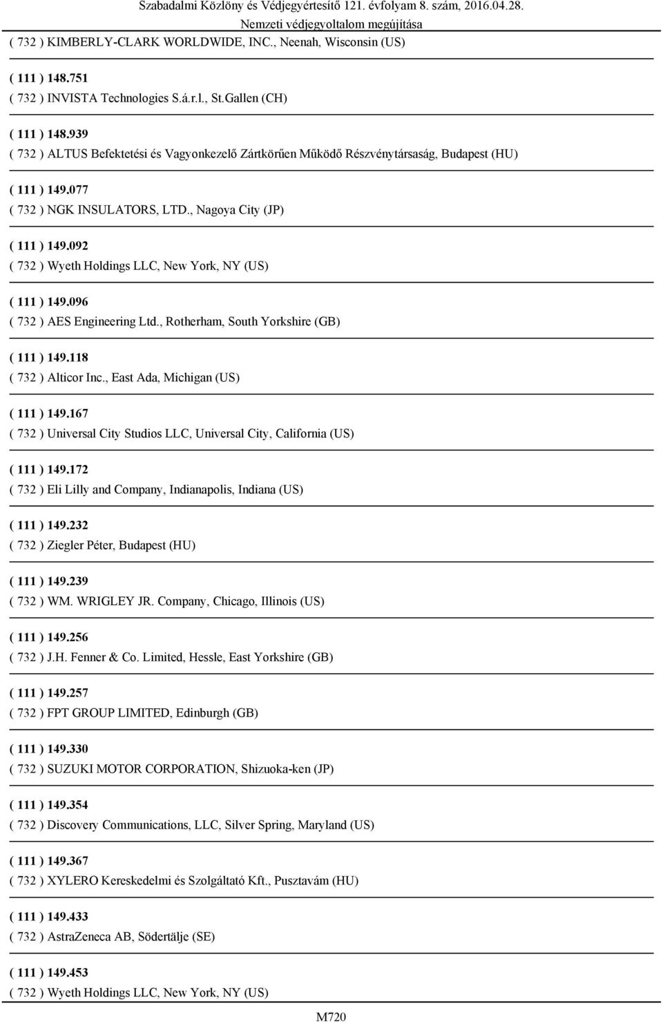 092 ( 732 ) Wyeth Holdings LLC, New York, NY (US) ( 111 ) 149.096 ( 732 ) AES Engineering Ltd., Rotherham, South Yorkshire (GB) ( 111 ) 149.118 ( 732 ) Alticor Inc.