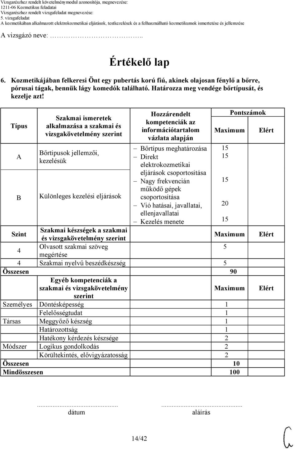 Típus A B Szakmai ismeretek alkalmazása a szakmai és vizsgakövetelmény szerint Bőrtípusok jellemzői, kezelésük Különleges kezelési eljárások Hozzárendelt kompetenciák az információtartalom vázlata