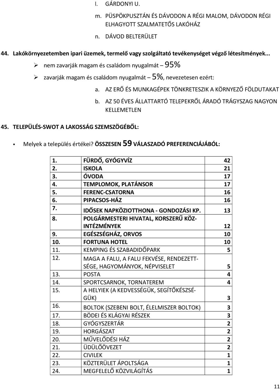 .. nem zavarják magam és családom nyugalmát 95% zavarják magam és családom nyugalmát 5%, nevezetesen ezért: 45. TELEPÜLÉS-SWOT A LAKOSSÁG SZEMSZÖGÉBŐL: a.