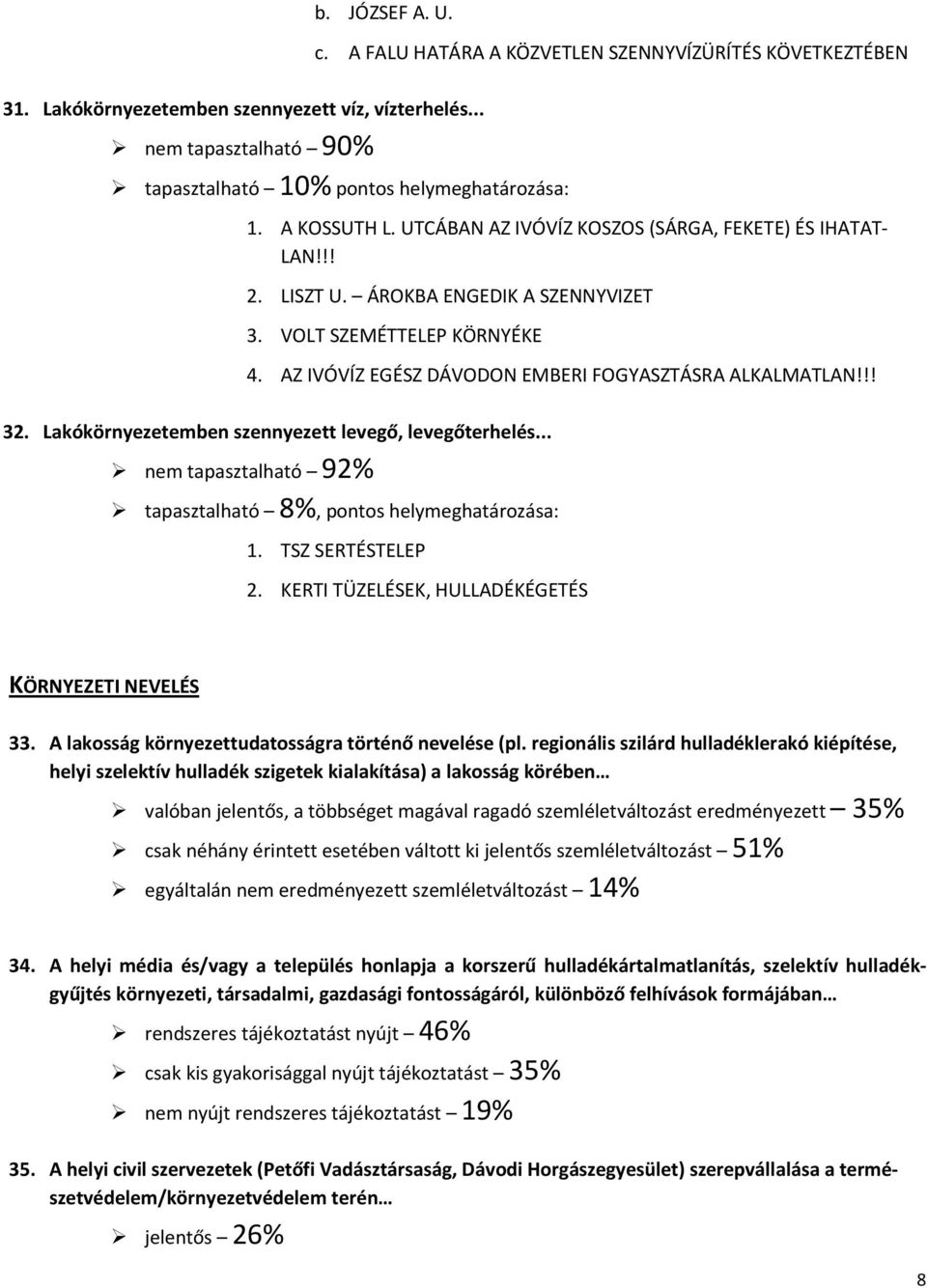 AZ IVÓVÍZ EGÉSZ DÁVODON EMBERI FOGYASZTÁSRA ALKALMATLAN!!! 32. Lakókörnyezetemben szennyezett levegő, levegőterhelés... nem tapasztalható 92% tapasztalható 8%, pontos helymeghatározása: 1.