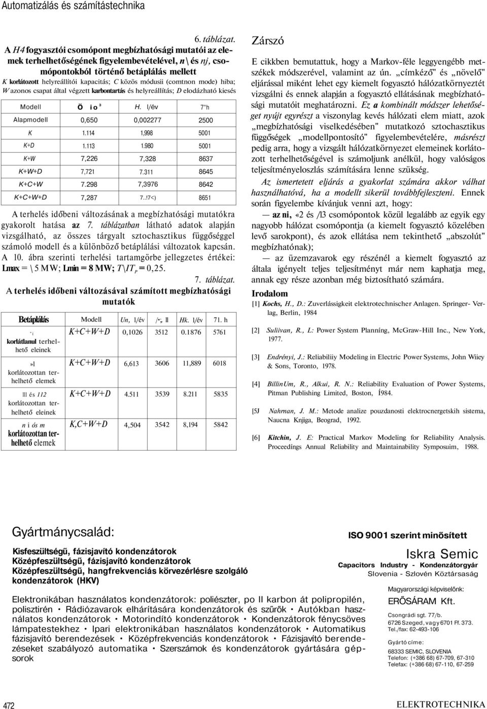 módusii (comtnon mode) hiba; W azonos csapat által végzett karbontartás és helyreállítás; D elodázható kiesés Modell Alapmodell K K+D K+W K+W+D K+C+W K+C+W+D Ö io 3 0,650 1.114 1.113 7,226 7,721 7.