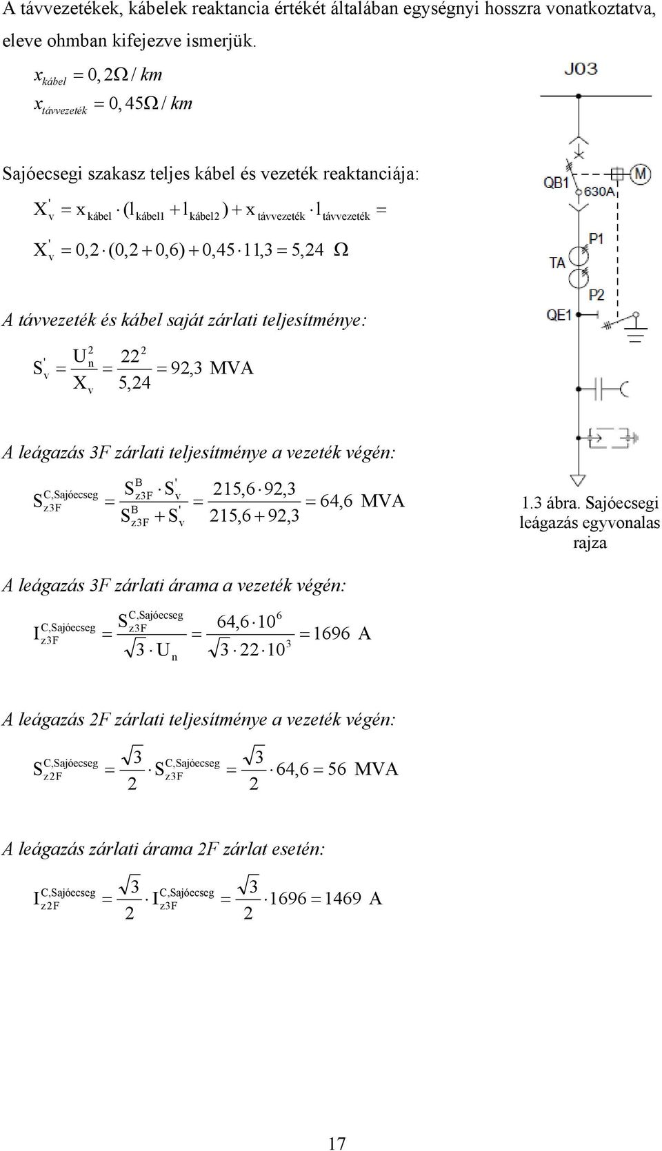 távvezeték és kábel saját zárlati teljesítménye: ' S v 2 2 U n 22 92,3 MVA X 5,24 v A leágazás 3F zárlati teljesítménye a vezeték végén: S C,Sajóecseg z3f B ' Sz3F Sv 215,6 92,3 64,6 MVA B ' 1.3 ábra.