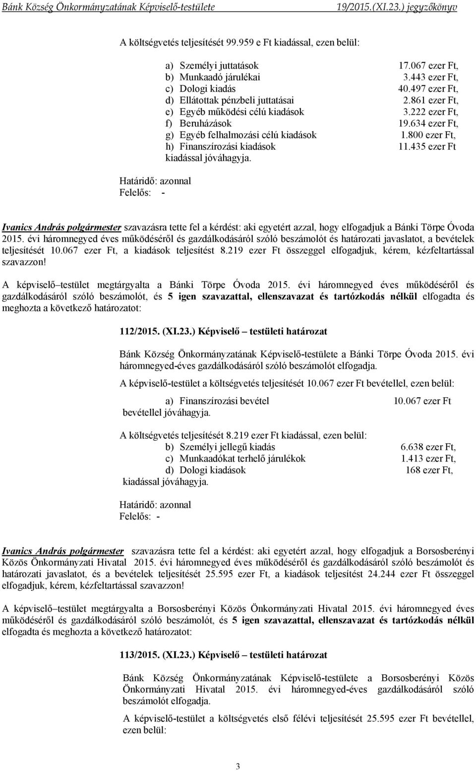 800 ezer Ft, h) Finanszírozási kiadások 11.435 ezer Ft kiadással jóváhagyja. szavazásra tette fel a kérdést: aki egyetért azzal, hogy elfogadjuk a Bánki Törpe Óvoda 2015.