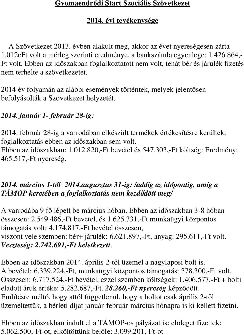 2014 év folyamán az alábbi események történtek, melyek jelentősen befolyásolták a Szövetkezet helyzetét. 2014. január 1- február 28-ig: 2014.