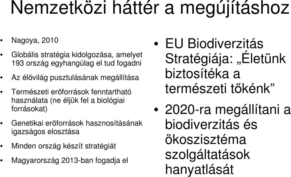 erıforrások hasznosításának igazságos elosztása Minden ország készít stratégiát Magyarország 2013-ban fogadja el EU Biodiverzitás