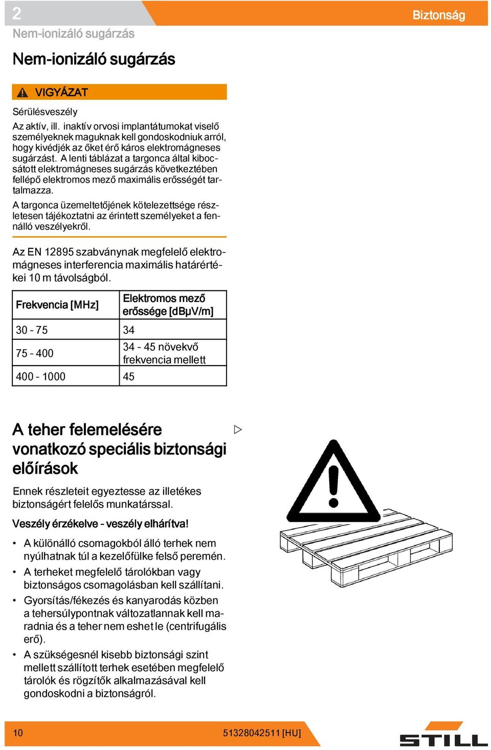 A lenti táblázat a targonca által kibocsátott elektromágneses sugárzás következtében fellépő elektromos mező maximális erősségét tartalmazza.