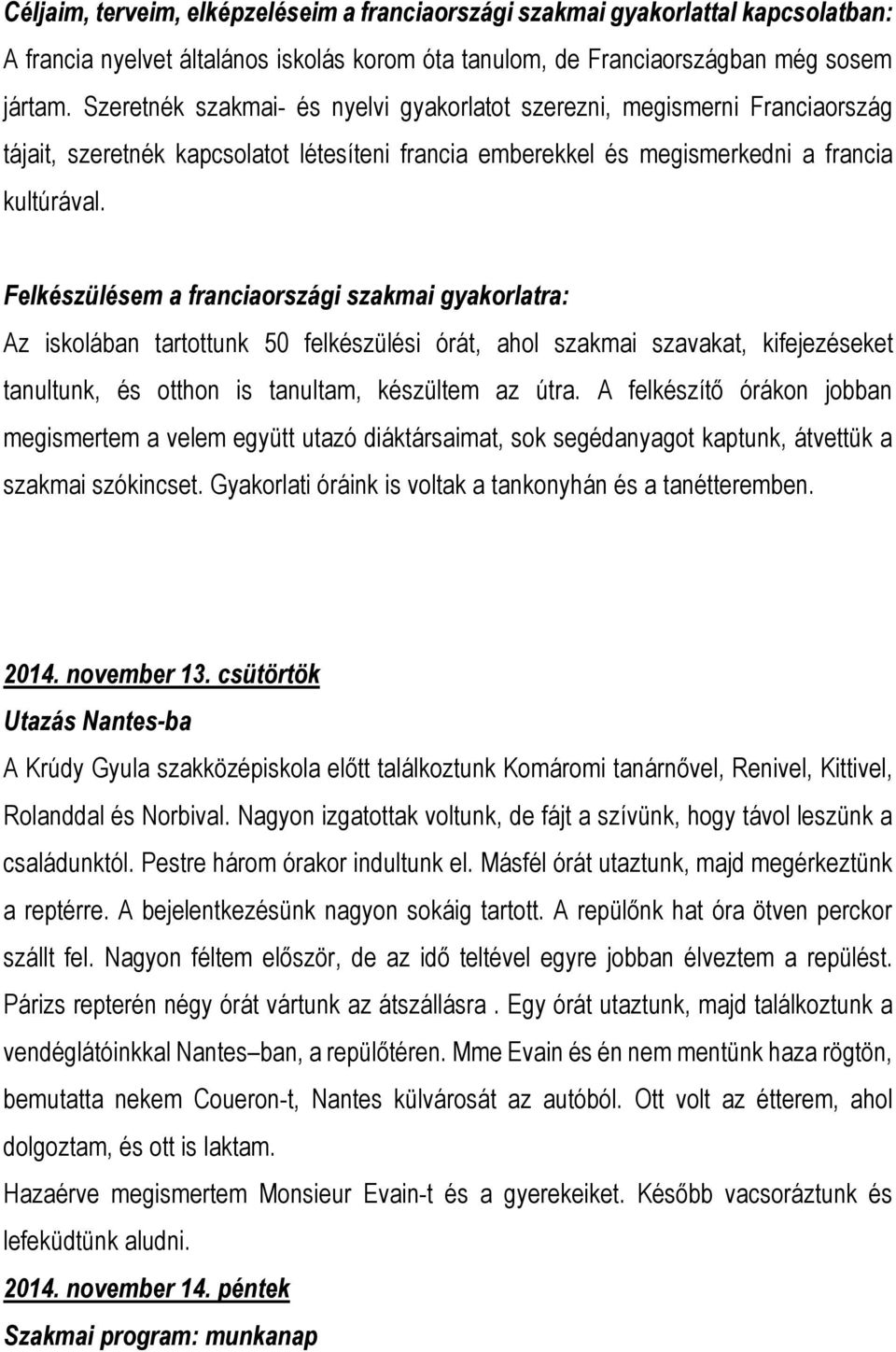 Felkészülésem a franciaországi szakmai gyakorlatra: Az iskolában tartottunk 50 felkészülési órát, ahol szakmai szavakat, kifejezéseket tanultunk, és otthon is tanultam, készültem az útra.