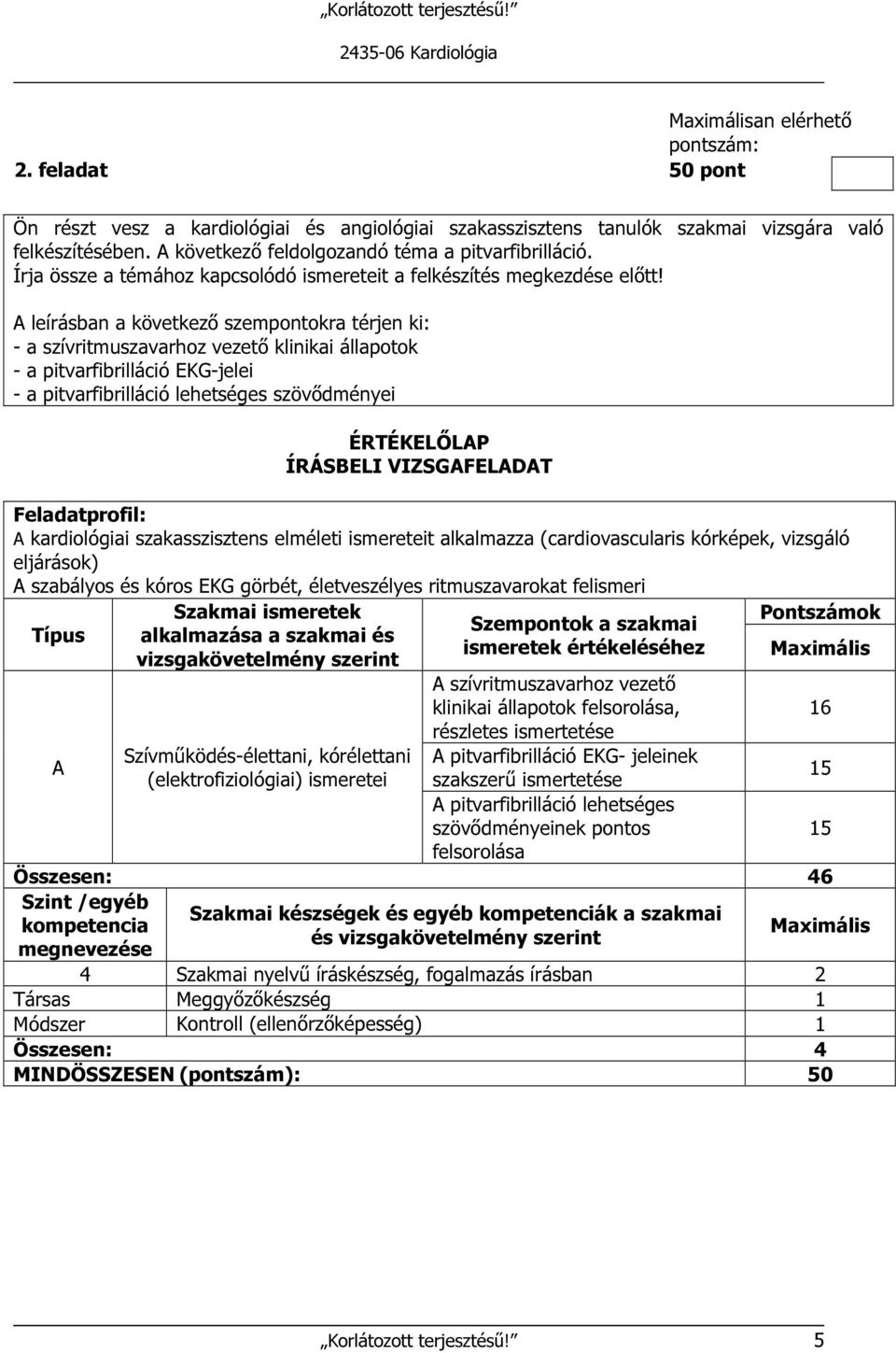 A leírásban a következő szempontokra térjen ki: - a szívritmuszavarhoz vezető klinikai állapotok - a pitvarfibrilláció EKG-jelei - a pitvarfibrilláció lehetséges szövődményei ÉRTÉKELŐLAP ÍRÁSBELI