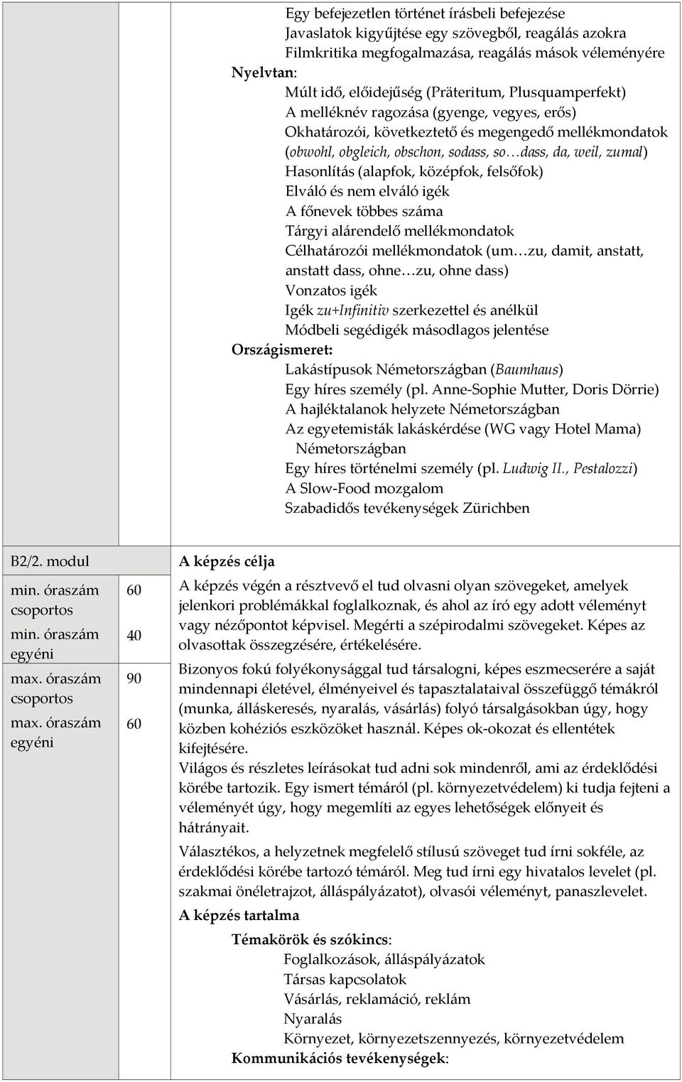 középfok, felsőfok) Elváló és nem elváló igék A főnevek többes száma Tárgyi alárendelő mellékmondatok Célhatározói mellékmondatok (um zu, damit, anstatt, anstatt dass, ohne zu, ohne dass) Vonzatos