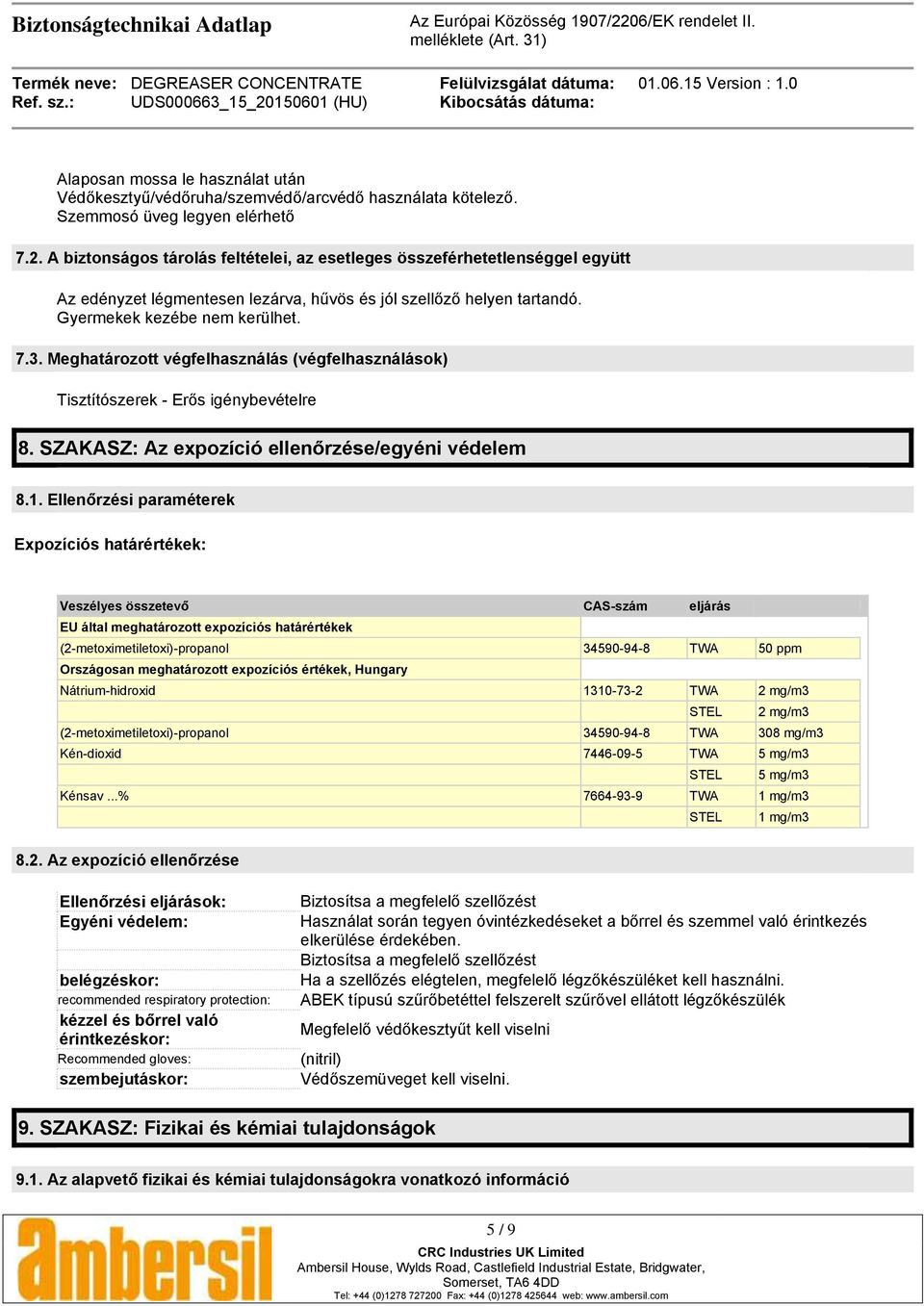 Meghatározott végfelhasználás (végfelhasználások) Tisztítószerek - Erős igénybevételre 8. SZAKASZ: Az expozíció ellenőrzése/egyéni védelem 8.1.