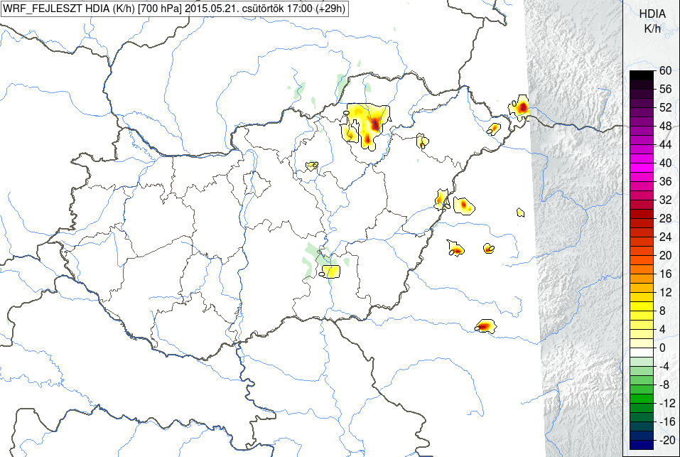 WRF modell Nudging eljárás a látens hőfelszabadulásra Radarmérés Beágyazott konvekció Konvekció a front előtt