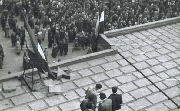 1956. október 25. 11 óra 30 körül Az egyetemi aula teteje, lent a lassan oszladozó tömeg.