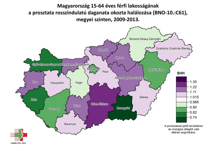 Becsült Megbetegedési/Halálozási Kockázat (viszonyítási alap: országos halálozás 2009-2013 összevont időszaka) Prosztata rosszindulatú daganata A 15-64 éves férfiak esetében az országostól
