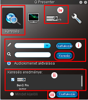 5. Kattintson a Keresés ikonra. A Keresés oldal hálózati megjelenítő keresését és a hozzá történő csatlakozást teszi lehetővé. i. Begépelheti az IP-címet (a részleteket lásd: A kivetítő távoli vezérlése böngészőprogramon keresztül a(z) 50.