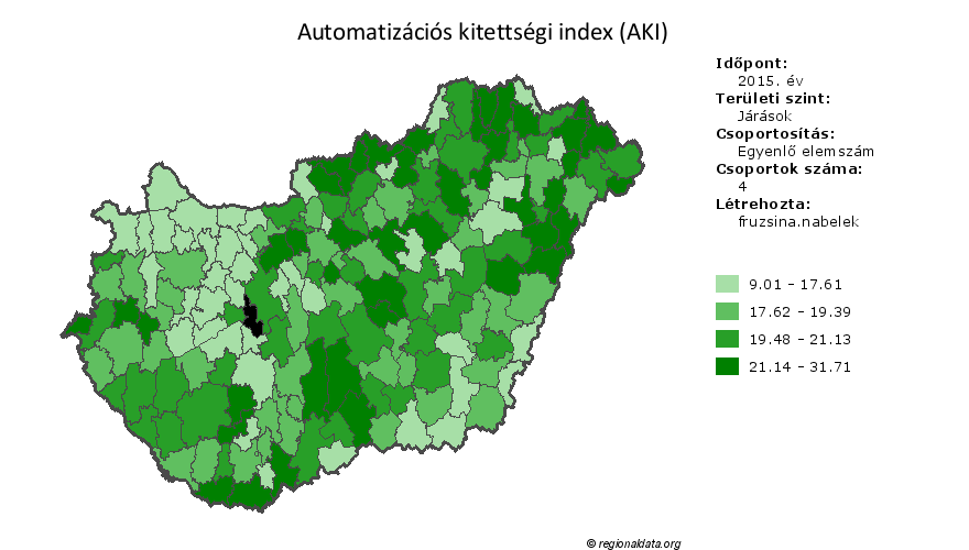 10. ábra: Az automatizációs kitettségi index járásonként Forrás: http://www.regionaldata.