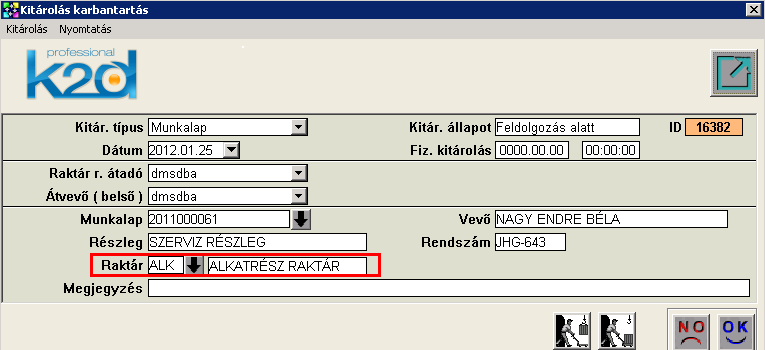 Kitárolás esetén Munkalap státusz váltás Javítás alattiba Amennyiben Kitárolás modulból történik egy adott cikk kitárolása a munkalapra, a Munkalap modulban ugyanúgy megtörténik az adott munkalap