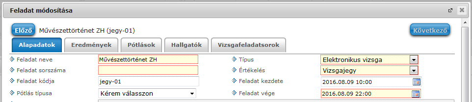 Nyissa meg a feladatot az oktatói web Oktatás/Kurzusok, helyi menü Feladatok útvonalon. A feladat alapadatok oldalán látható, hogy milyen értékelést állított be a feladat létrehozója.