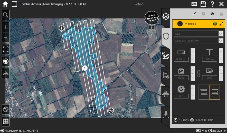 A repülés tervezése Trimble Aerial Imaging szoftver Irodában, vagy terepen (mobilnet, google térkép) Repülendő terület poligonnal történő kijelölése (kml), tiltott zónák megadása.