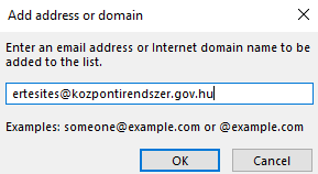 2) Második lépés: A felugró ablakban ki kell választani a Safe Senders fület (tab), azon az Add gombot 3) Majd végül be kell írnunk a következő címet: 6.