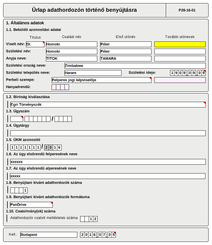 Ez lesz az alapnyomtatvány, ehhez nem is csatolhatunk ezek után csatolmányt. Ezután ezt a nyomtatványt elektronikusan, a szokott módon benyújtjuk. Erre válaszként megkapjuk az OBH-tól az ÜKM számot.