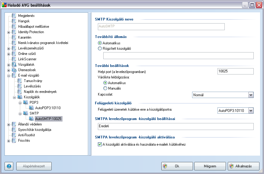 Ebben az ablakban (megnyitva innen: Kiszolgálók / SMTP) megadhat egy új E-mail vizsgáló kiszolgálót az SMTP protokollt használó kimeno levelekhez: SMTP kiszolgáló neve - adja meg a kiszolgáló nevét,