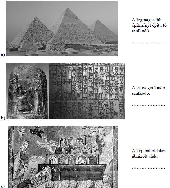 18. A feladat az ókori Kelet történetéhez kapcsolódik. (K/3) Az ókori Kelet kultúrtörténetének melyik alakjához kapcsolódnak a képek?