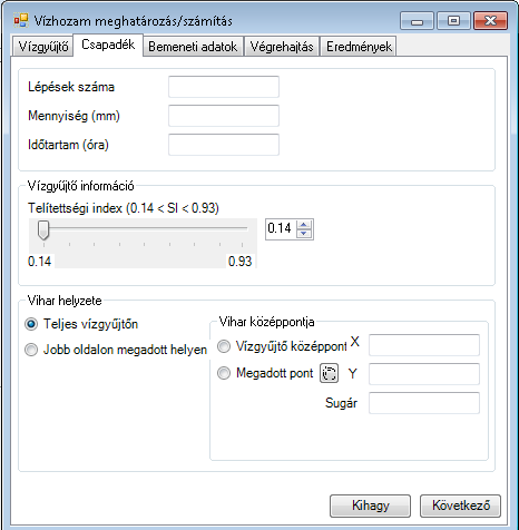 S = θ v ε -1 [ 11 ] ahol: S= a talajnedvesség telítettség a talajban θ v = a térfogat alapú nedvességtartalom (m 3 m -3 ) ε= a porozitás A csapadék bemeneti adatok esetében három változó megadása