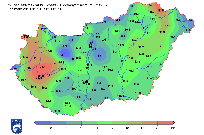 1.4 ábra Maximális mért széllökések január 18-án m/s-ban.