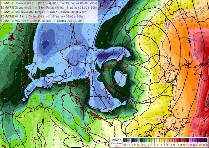 2.2 ábra A hideg levegő beáramlása 850 hpa-os (kb. 1,5 km) magasságban 2013. március 14-