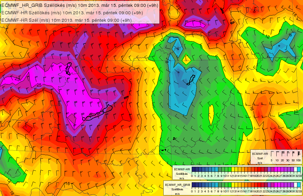 00 UTC-s ECMWF futtatás szerint A számítások alapján várhatók voltak a viharos, akár 100 km/h-t elérő széllökések.