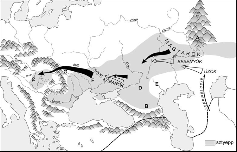 1. A térképvázlat a magyar nép vándorlását mutatja. (K/5) Töltse ki a táblázatot! Használja a Történelmi atlaszt! (Elemenként 0,5 pont.