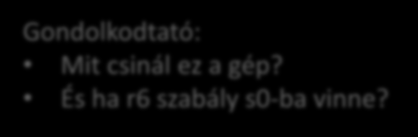 Emlékeztető: Mealy véges automata Kijelölt kezdőállapot s 0 = s(t=0) Minden lépés determinisztikus, inputot olvas és outputot ad 0 / 0 s 0 1 / 0 1 / 0 s 1 s 2 r 6 : 1 / 1 0 / 0