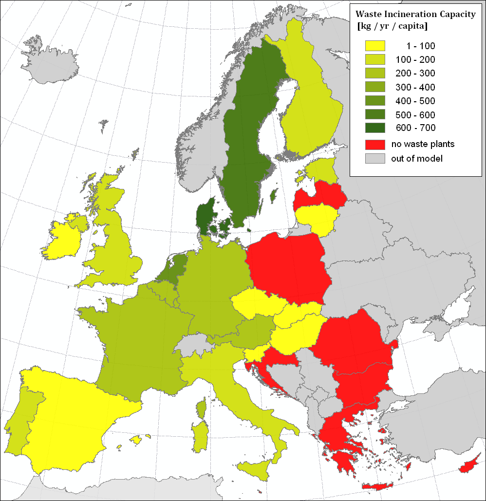 A hulladékégetési kapacitások megoszlása az EU tagországaiban [Kép
