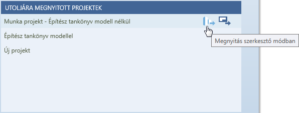 Telepítés, alapok Felhasználói felület áttekintés 17 Utoljára megnyitott projektek Itt lesznek azok a projektek felkínálva, amelyek utolsóként voltak szerkesztve.