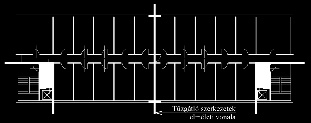 F2.5. ábra Függőleges tűzszakasz-határral szintenként két tűzszakaszra osztott, körbejárható, nyitott belső udvart tartalmazó épület egy átmeneti védett tér és lépcsőház együttesével F3.