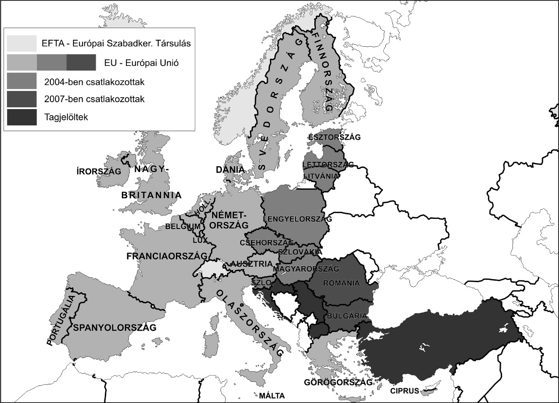 9. A feladat az Európai Unió történetéhez kapcsolódik. (E/2) Azonosítsa a térkép segítségével az európai integráció bővítésének lépéseit! Írja be a táblázatba a megfelelő országcsoport betűjelét!