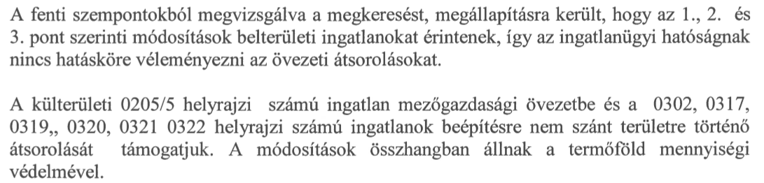 Csongrád Megyei Kormányhivatal Földhivatali Főosztály Levelében írja: igen Nem tartalmaz kifogást.