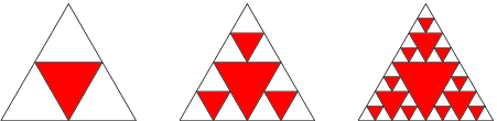 .3. ábra. A Sierpieski háromszög kostrukciójáak.,. és 3. lépése. Az első ábrá db területű háromszög. 4 A második ábrá db 4, továbbá még 3 db 4 4 = területű háromszög.