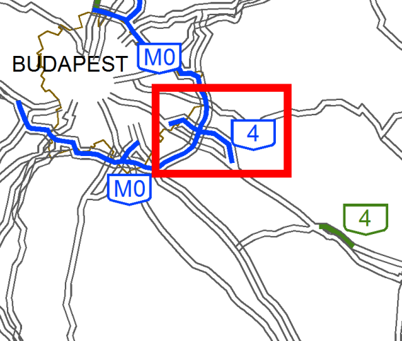 4 sz. főút (autóút) 16+550-28+955 (12,4 km) Vecsés és Üllő elkerülése sávszám, sávszélesség 2x2 s k =3,50 m; s b =3,50 m fizikai elválasztás (szélessége) padka/üzemi sáv széles nem burkolt korona